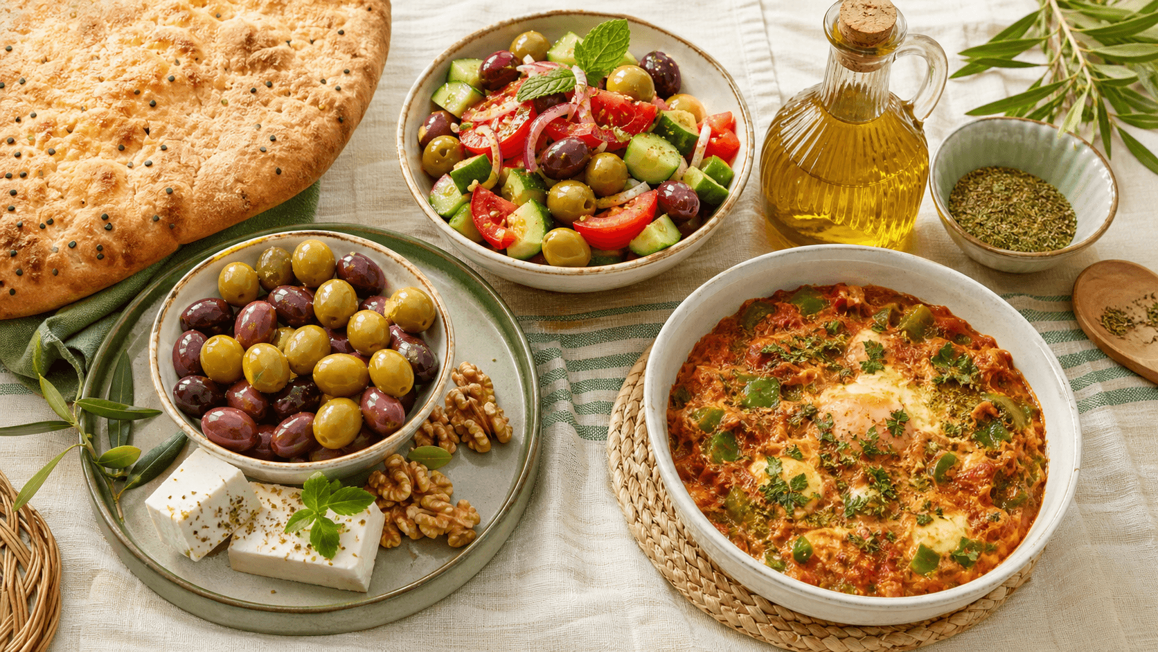 سفره روشن شامل نان، پنیر و زیتون، سالاد زیتون و غذای گرم