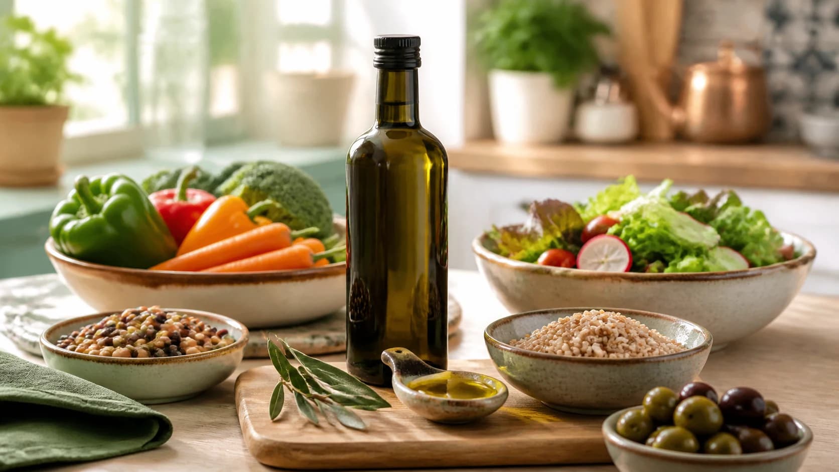 بطری تیره روغن زیتون کنار سبزیجات، حبوبات و غلات کامل