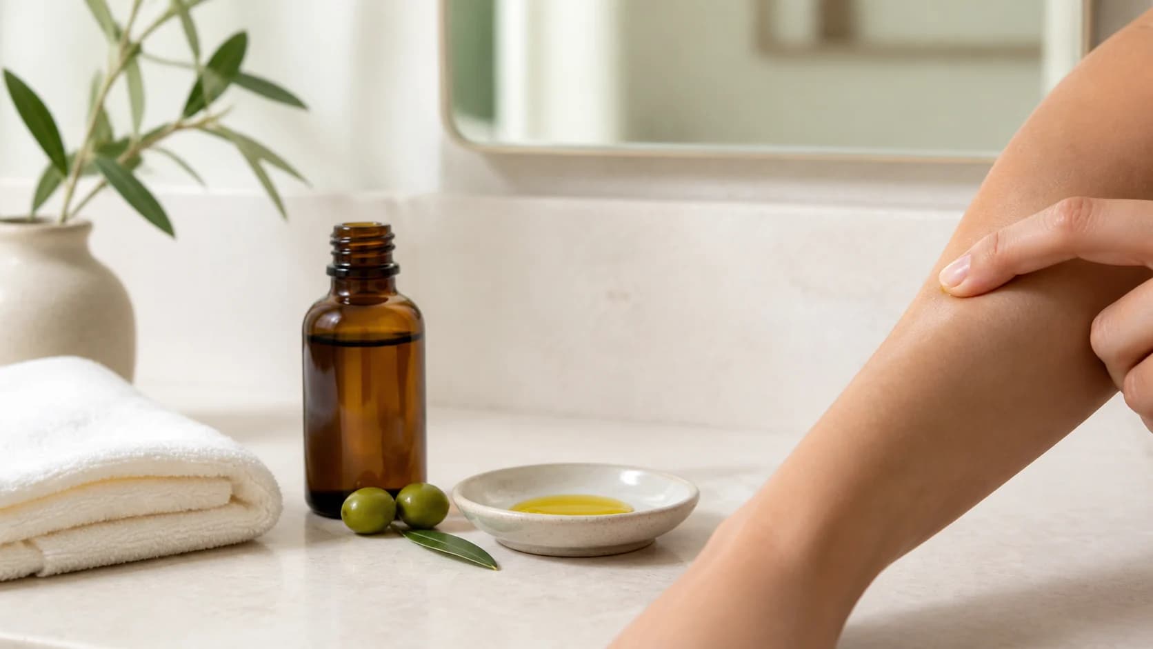 بطری روغن زیتون و تست مقدار کمی روغن روی پوست ساعد