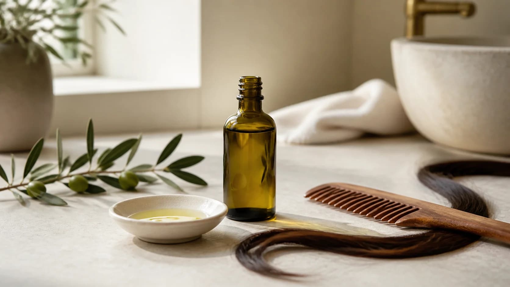 بطری روغن زیتون، شانه چوبی و ساقه موی تیره روی میز روشن
