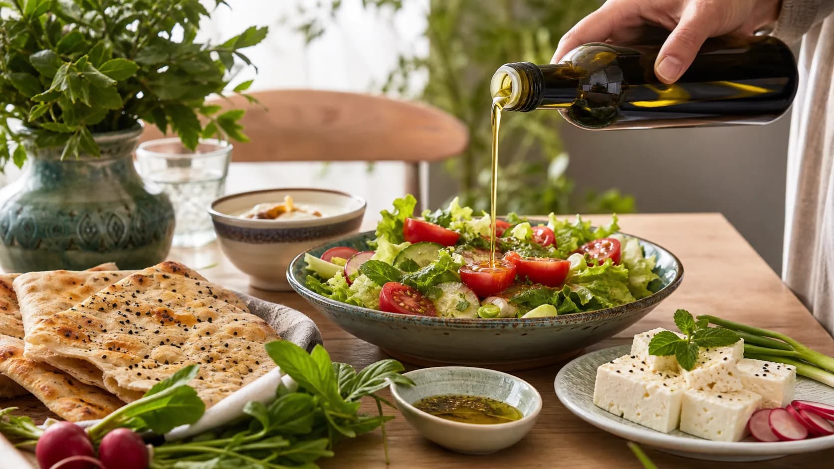 ریختن روغن زیتون روی سالاد در کنار نان، پنیر و سبزی