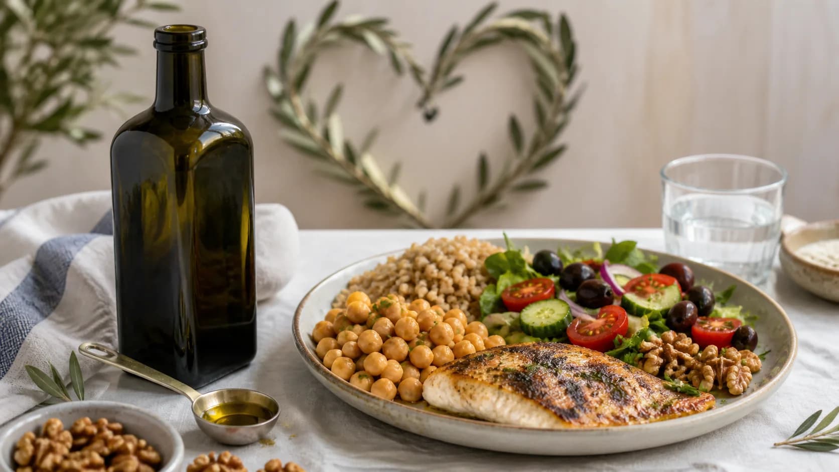 روغن زیتون فرابکر کنار سالاد، حبوبات و غذای متعادل قلب