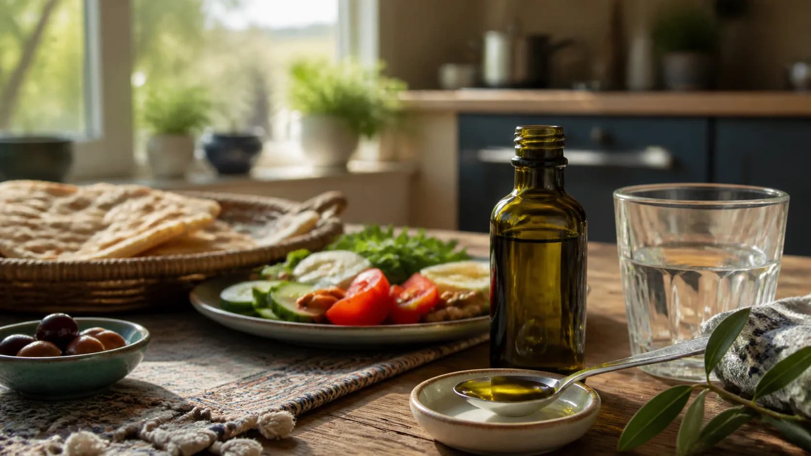 قاشق اندازه‌گیری روغن زیتون کنار بطری تیره و صبحانه متعادل