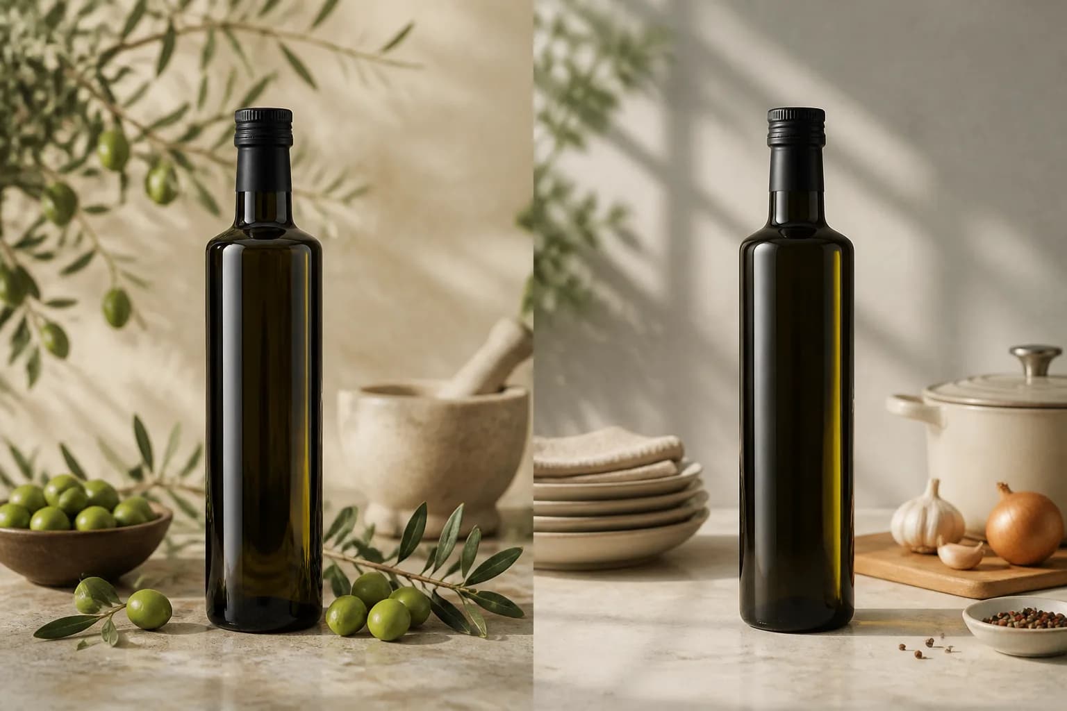 مقایسه روغن زیتون معطر و روغن زیتون ملایم در بطری تیره