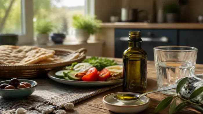 قاشق اندازه‌گیری روغن زیتون کنار بطری تیره و صبحانه متعادل