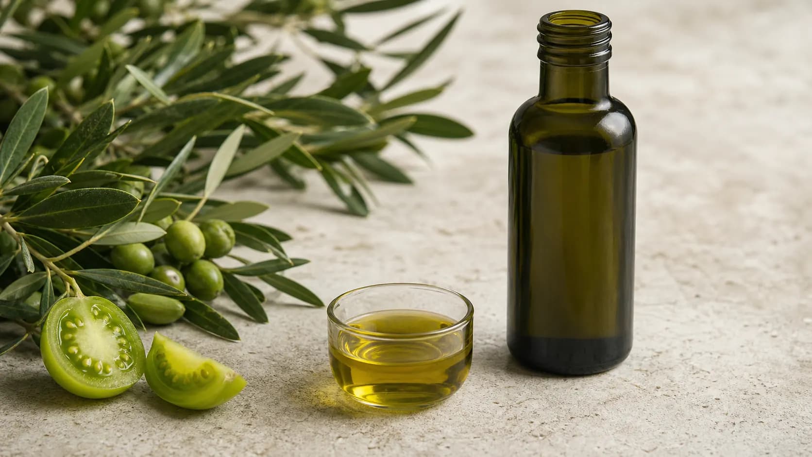 بطری روغن زیتون در کنار میوه و فنجان چشایی