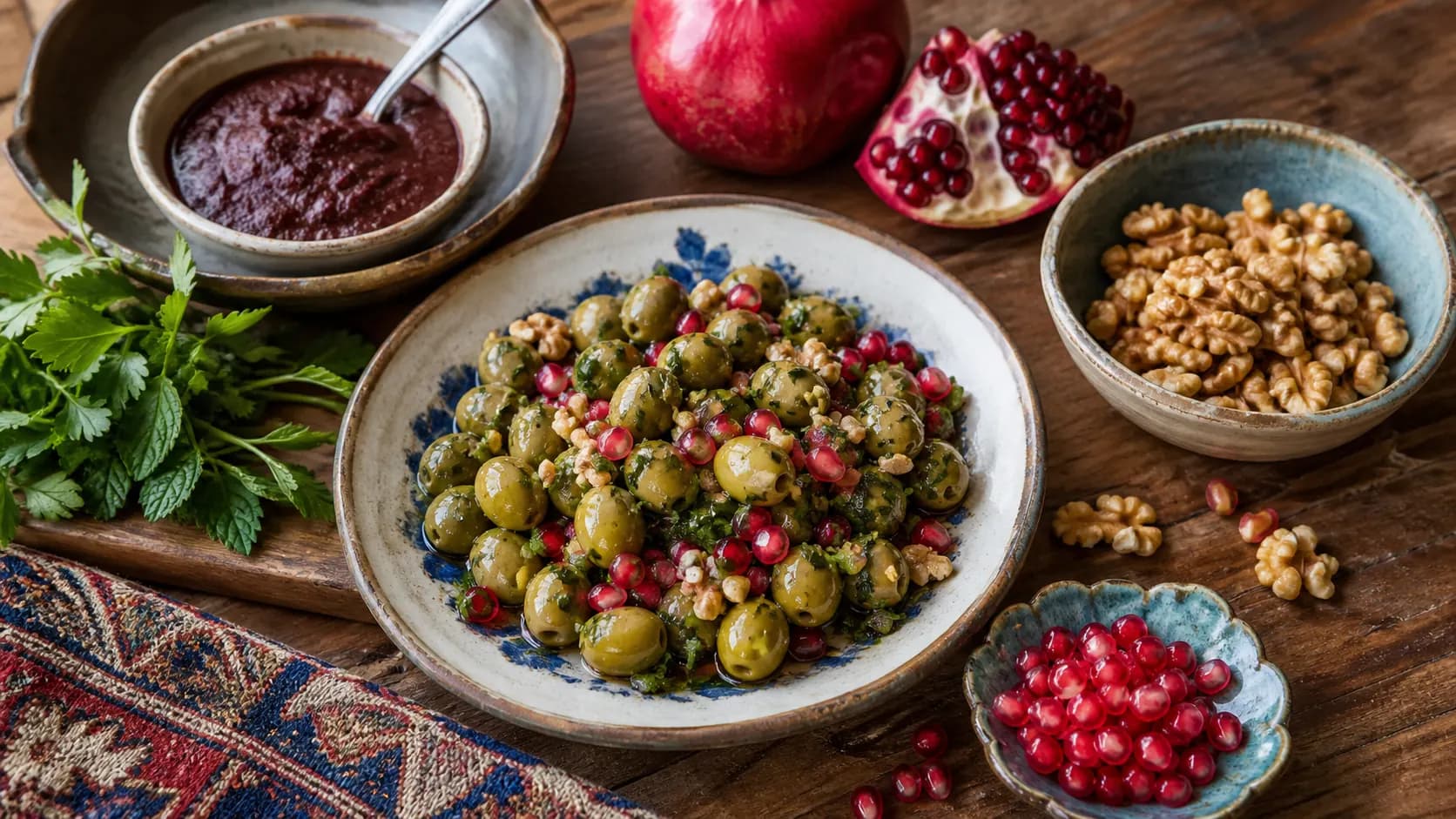 زیتون پرورده کنار گردو، انار، رب انار و سبزی معطر